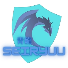 Blue dragon emblem with Seiryu text, symbolizing strength and protection on a turquoise shield background.