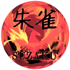 Fiery phoenix with Japanese text above and Suzaku below, representing mythical themes and vibrant energy.