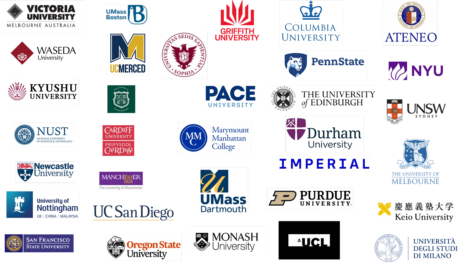 Logos of various global universities, including Victoria University, Columbia, and Penn State.