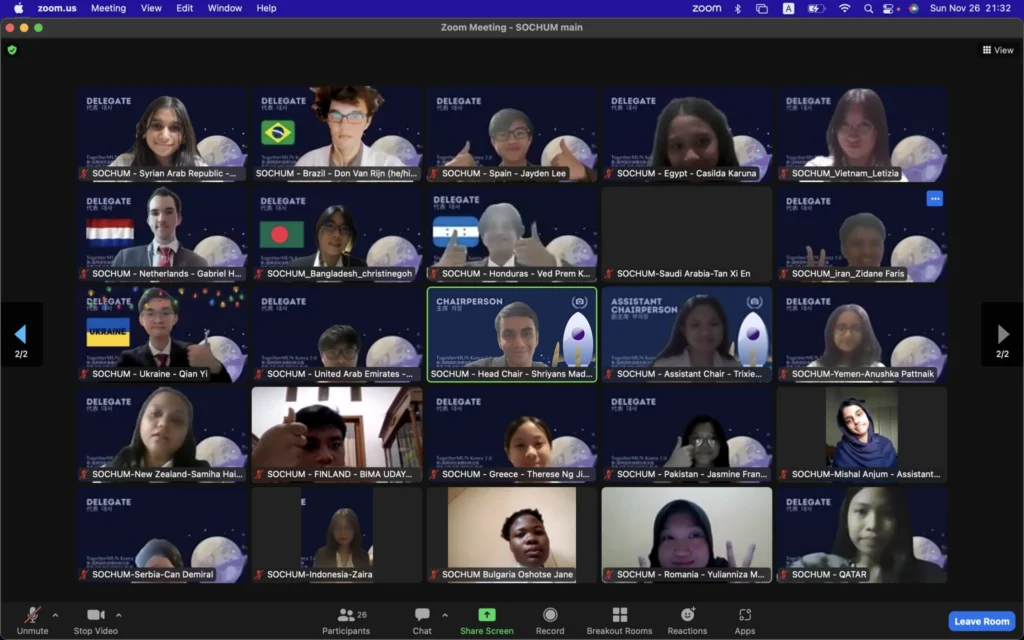 Online SOCHUM meeting with international delegates and chairs on Zoom, including flags and names displayed.