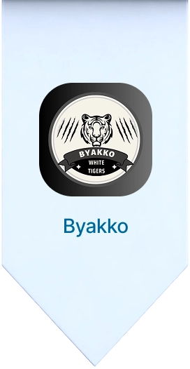 Byakko emblem featuring a white tiger, black text, and claw marks on a light blue background.