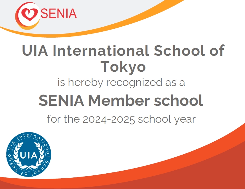 UIA International School Tokyo recognized as SENIA Member School for 2024-2025, featuring SENIA and UIA logos.