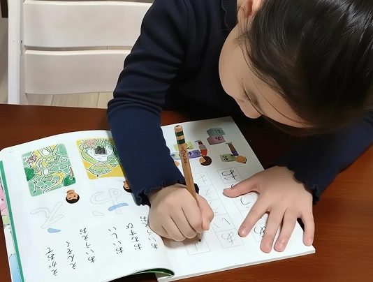 Child practicing Japanese writing with a pencil in a workbook at a desk.