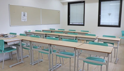 Empty classroom with light wood desks, mint green chairs, whiteboard, and large windows. Bright and modern learning space.